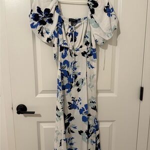 Ellen Tracy White Maxi Dress with Blue & Black Floral Print